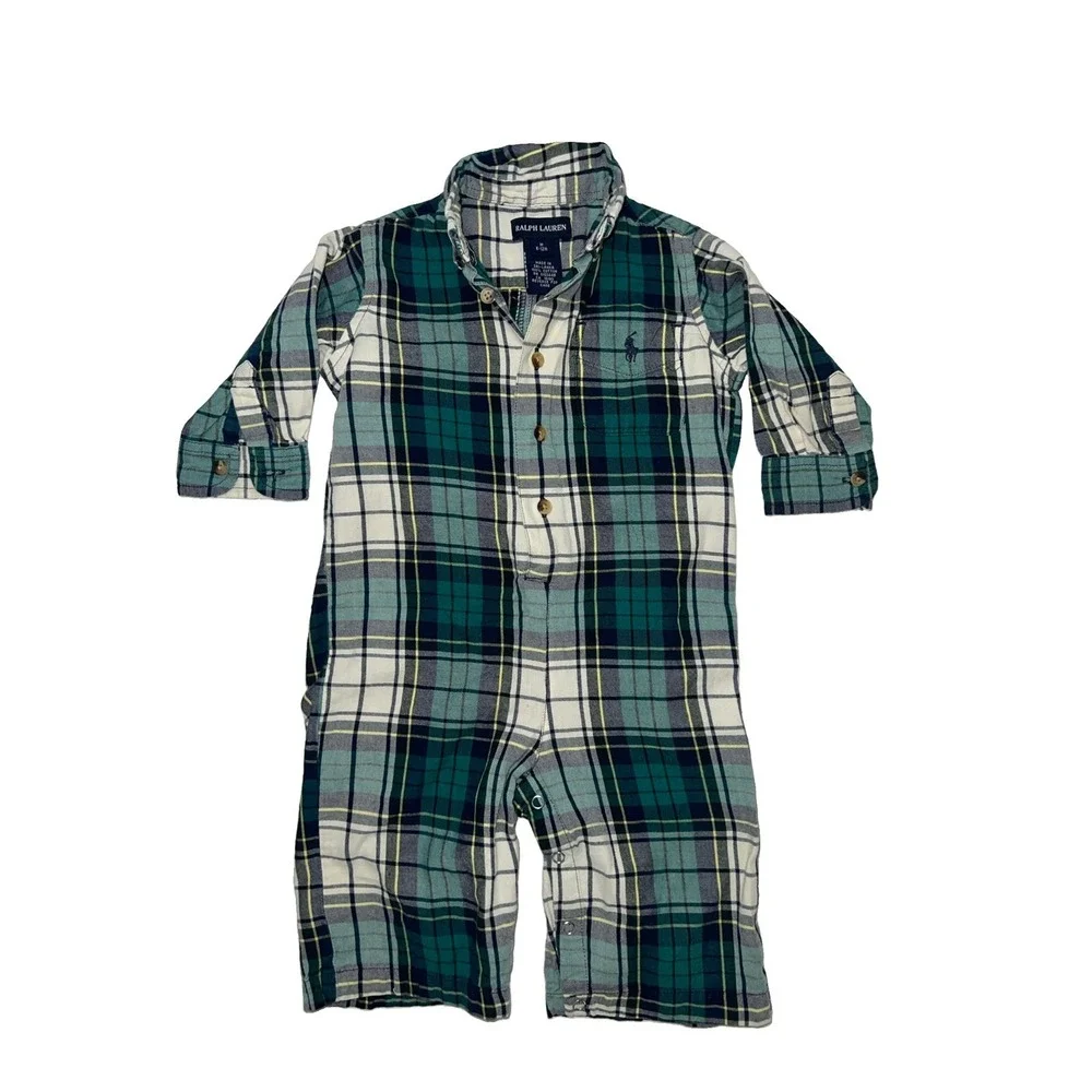 Ralph Lauren Green Navy White Plaid Baby Boys 6-12 Month Button Romper Preppy